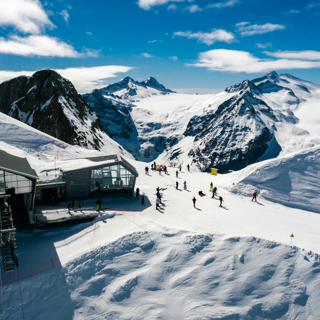 Scenic ski resort with snowy alpine mountains